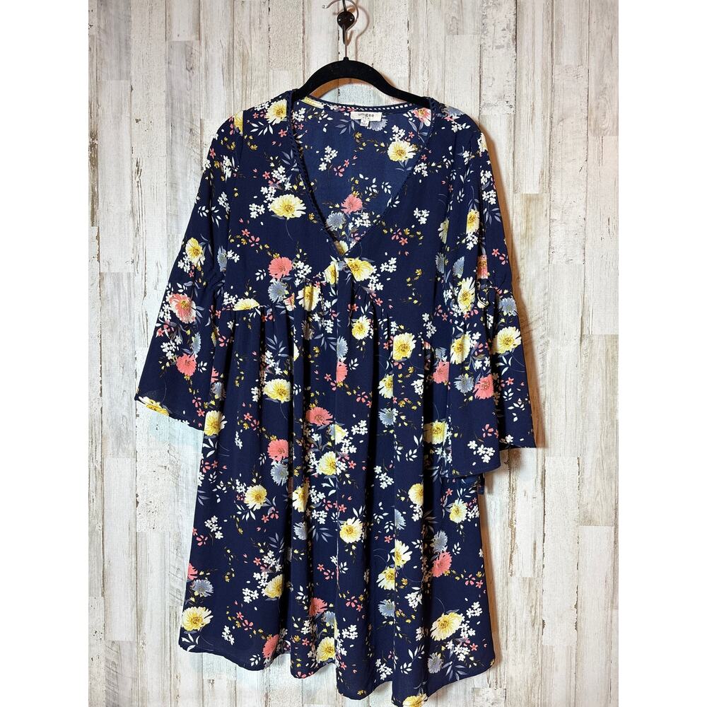 Umgee Dress‎ Foral Blue/Yellow V neck Open Bell Sleeve - Med